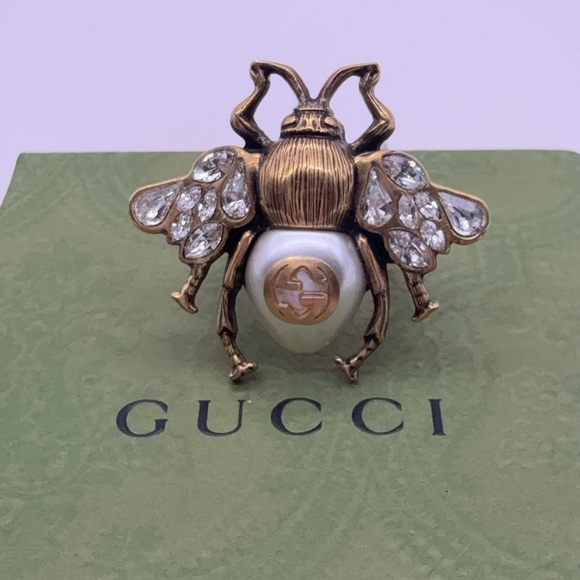 NEW Gucci Bee Ring with Crystals and Pearl Size S (US 6.5) - Picture 2 of 14